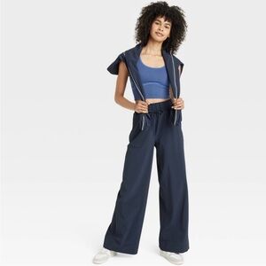 ALL IN MOTION Dark Blue Woven High Rise Seersucker Wide Leg Pants